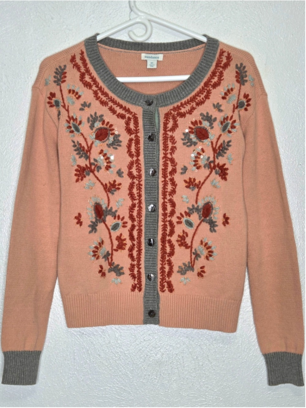 Sundance Cardigan Floral Embroidered Sweater Women's Size XS Peach Gray